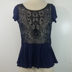 American Eagle Outfitters Navy and Black Lace Mesh Top Medium